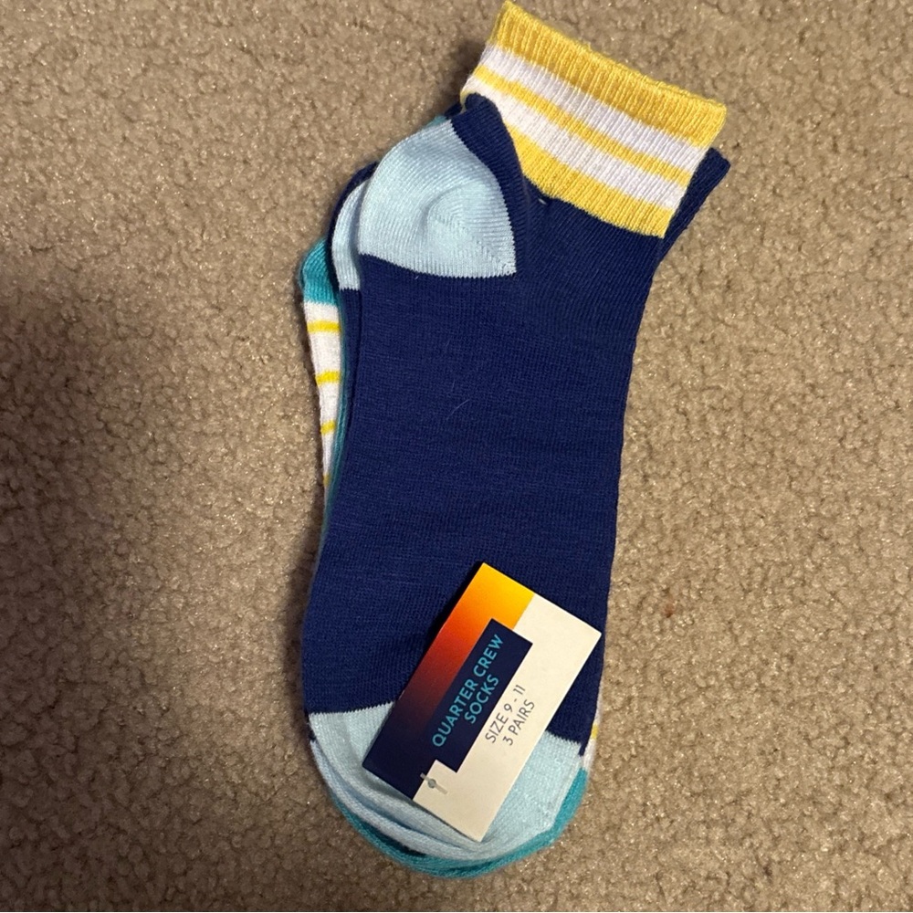 Blue, Yellow & Teal Color Women's Quarter Crew Socks 3 Pairs  Shoe Size 9-11 New